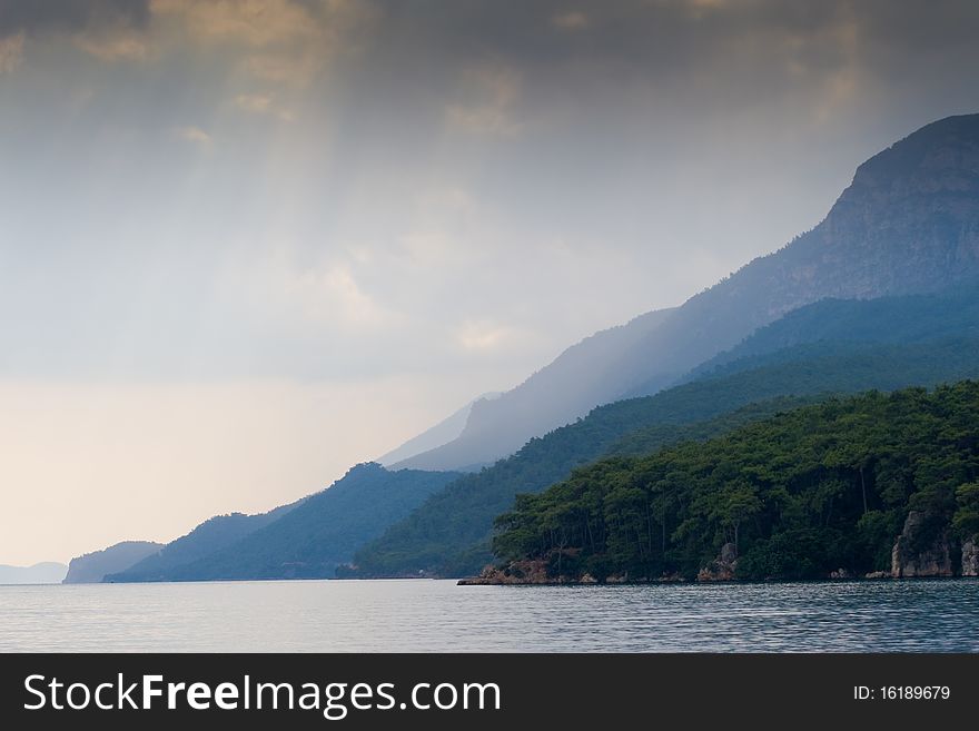 Blue mountains and bad weather in a Gokova Gulf. Turkey