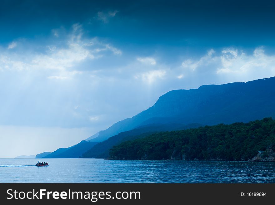 Blue mountains and bad weather in a Gokova Gulf. Turkey