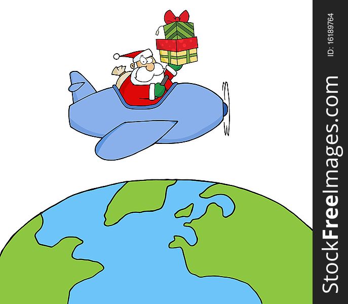 Caucasian santa flying a plane and holding gifts above the globe