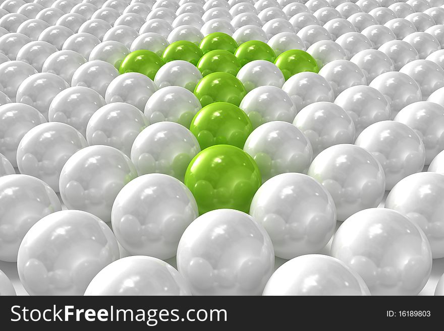 High quality 3D render of white 3D balls with green ones forming an arrow