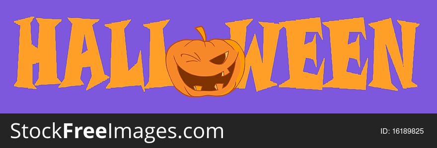 Orange halloween greeting banner of a winking pumpkin as the o over purple. Orange halloween greeting banner of a winking pumpkin as the o over purple