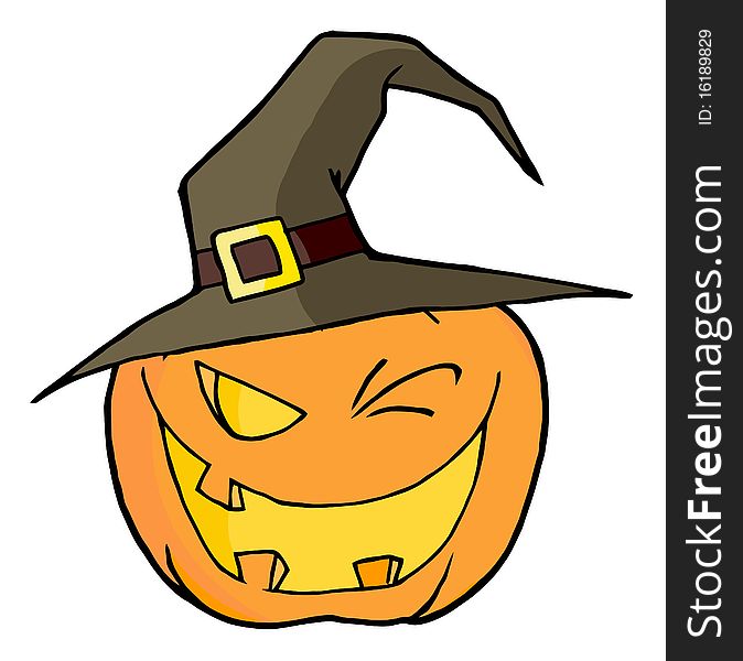 Toothy halloween pumpkin winking and wearing a witch hat. Toothy halloween pumpkin winking and wearing a witch hat
