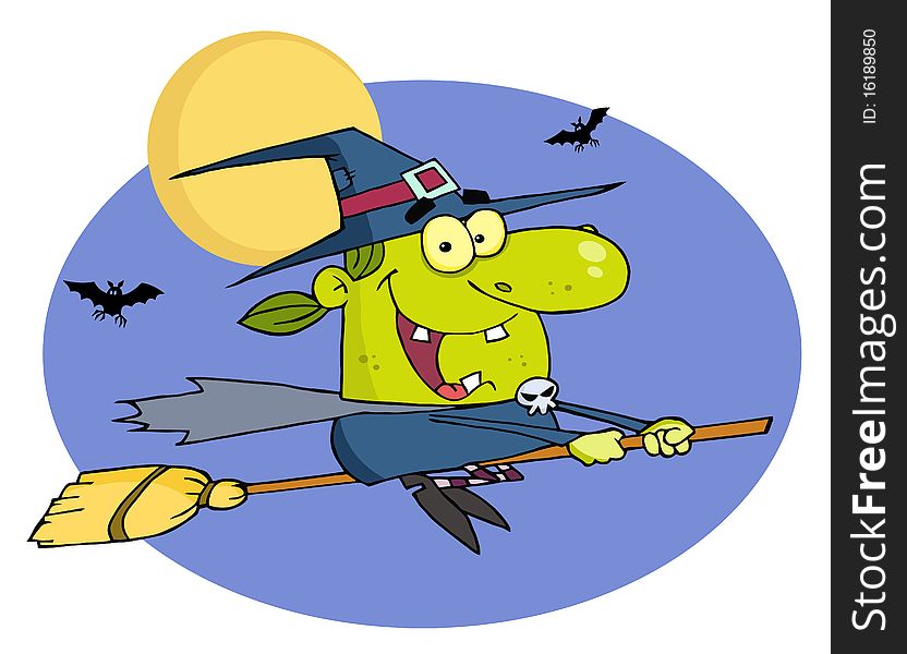 Wicked halloween witch flying by bats and a full moon on A Broom Stick. Wicked halloween witch flying by bats and a full moon on A Broom Stick