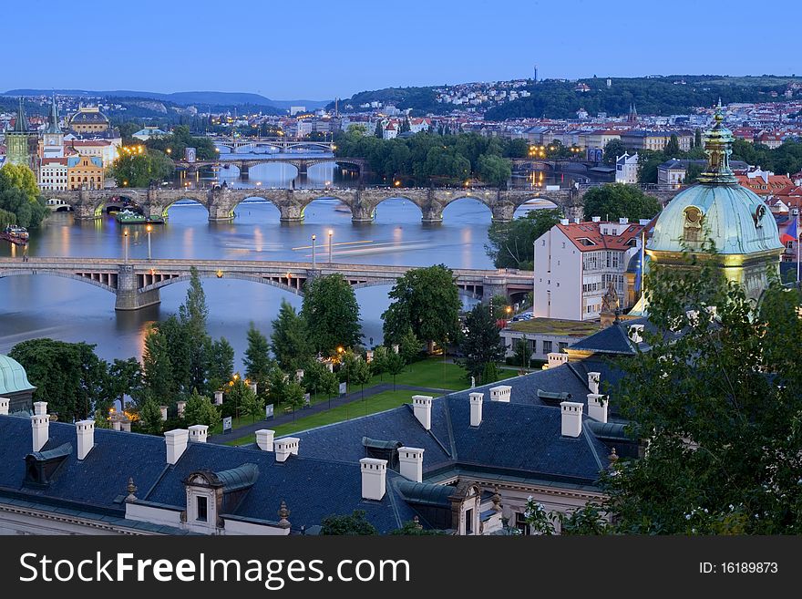 Bridges in Prague over the river Vltava at sunset. Czech