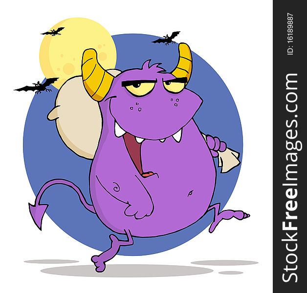 Happy Purple Monster Runs With Bag