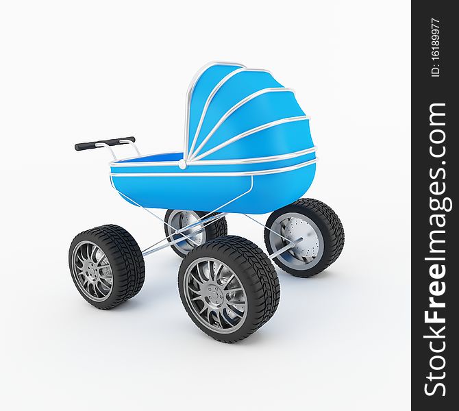 Computer genreated blue child pram on white background