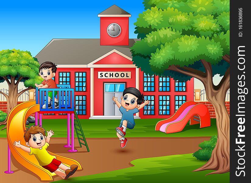 Happy boys playing on the school playground illustration