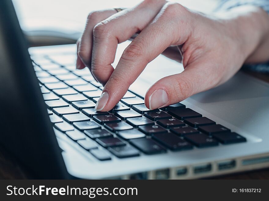 Woman Working At Home Office Hand On Keyboard Close Up