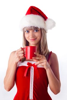 Santa Girl Holding A Cup, Drink. Stock Images