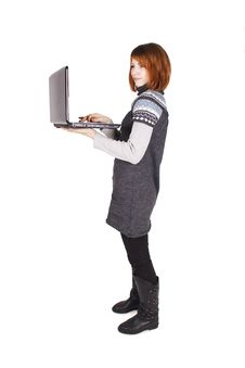 Girl In Knit Dress Standing With Laptop Stock Image Girl In Knit Dress Standing With Laptop Stock Image