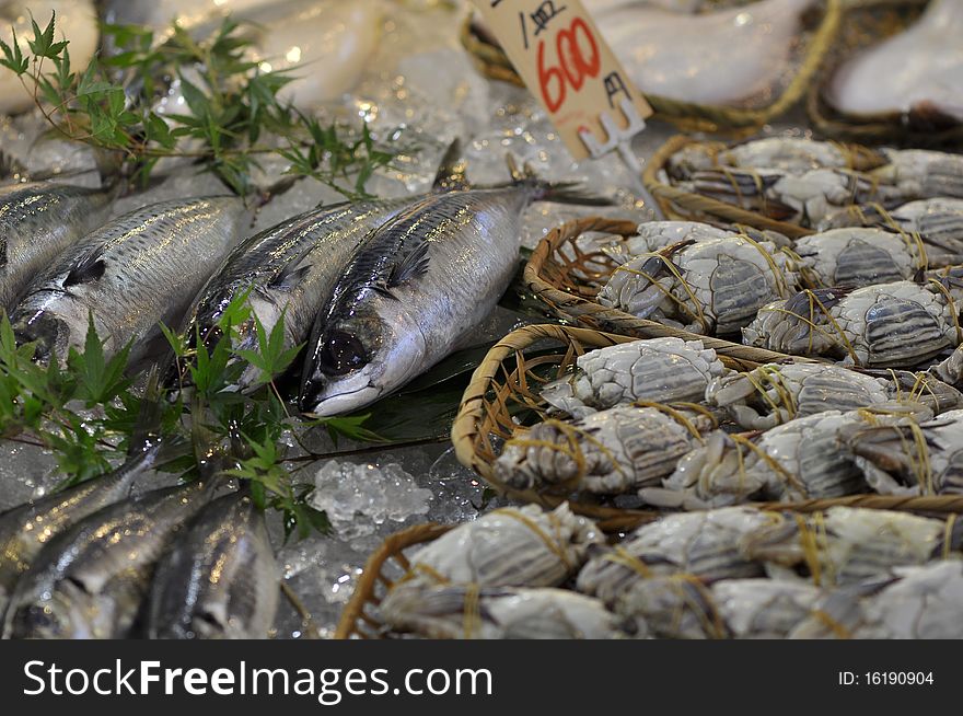 Fresh seafood is abundantly sold at a fisherman's town of Oarai, near Mito Japan. Fresh seafood is abundantly sold at a fisherman's town of Oarai, near Mito Japan