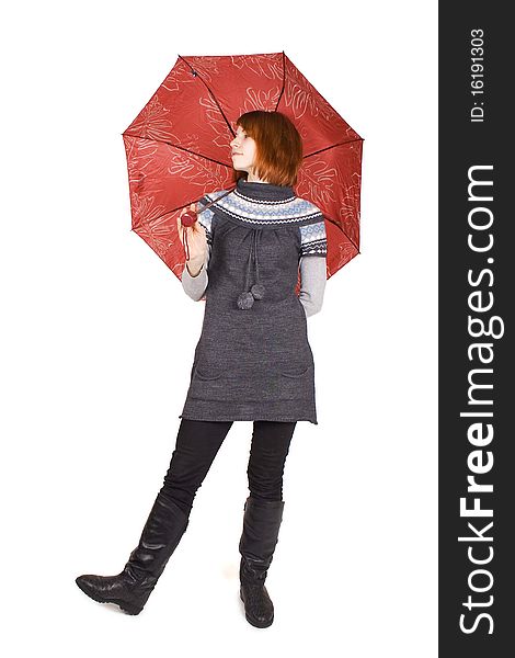 Girl In Knit Dress With Red Umbrella Standing