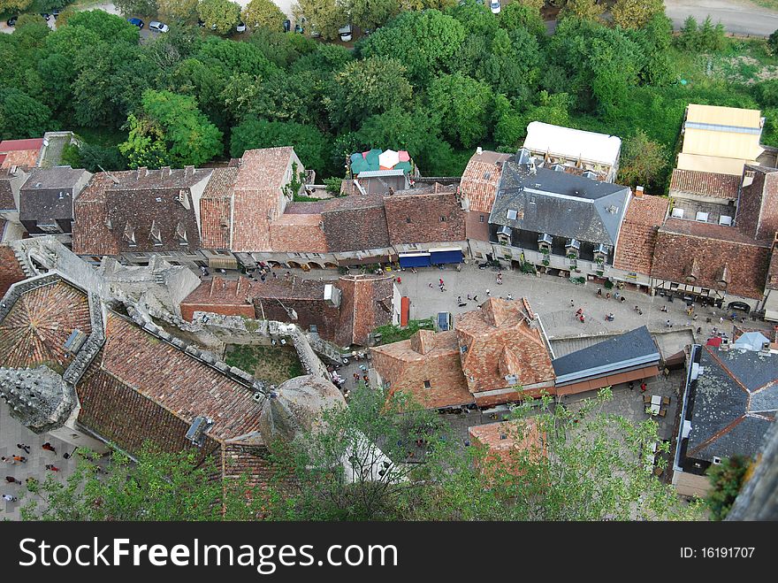 Aerial view of the only street of Rocamadour and part of its sanctuary (France).