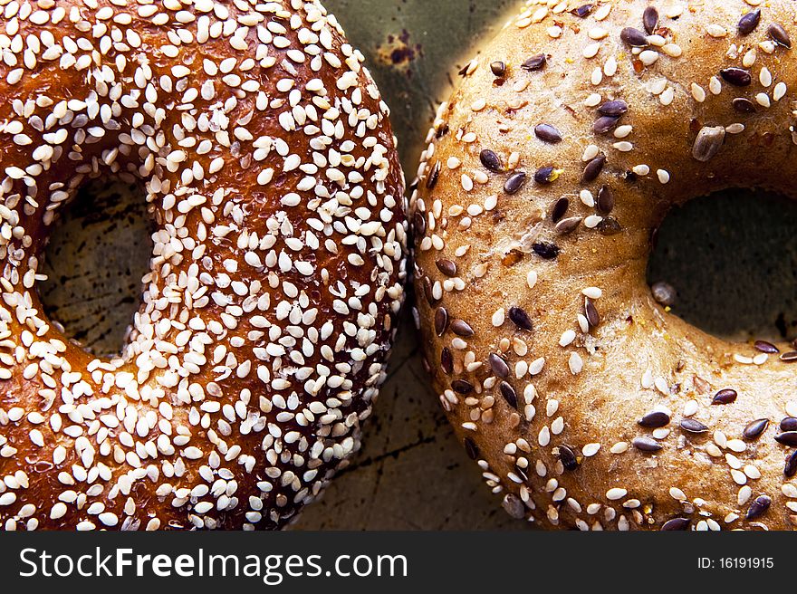 Close up shot of different types of bagels