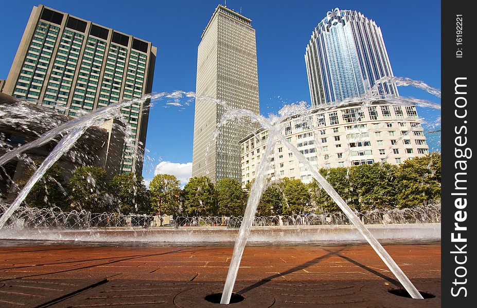 View of the fountain in front of the Prudential Tower in Boston, Massachusetts - USA.