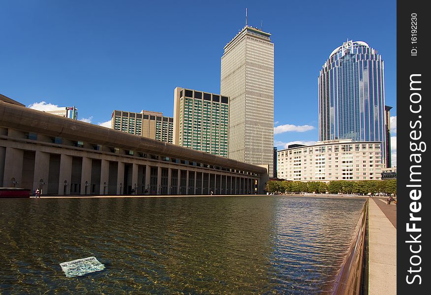 View of the pond in front of the Prudential Tower in Boston, Massachusetts - USA.