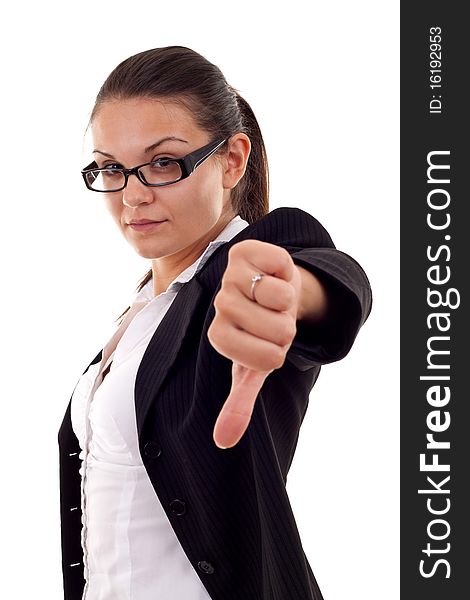 Young business woman gesturing thumbs down over white