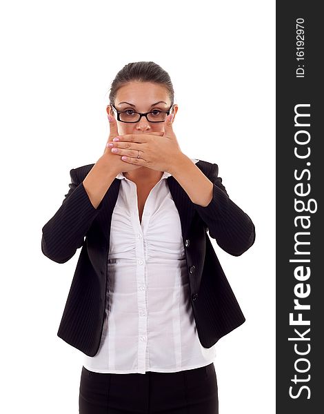 Business woman in the Speak No Evil pose over white