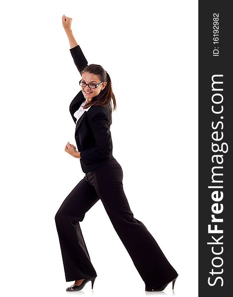 Pretty joyous business woman celebrating success over white background