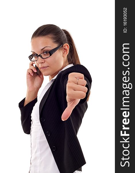 Woman with thumb down gesture and mobile phone. Woman with thumb down gesture and mobile phone