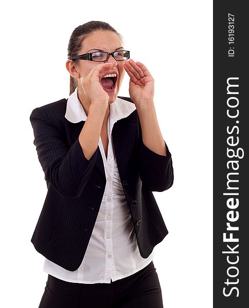 Young business woman shouting, isolated on white background