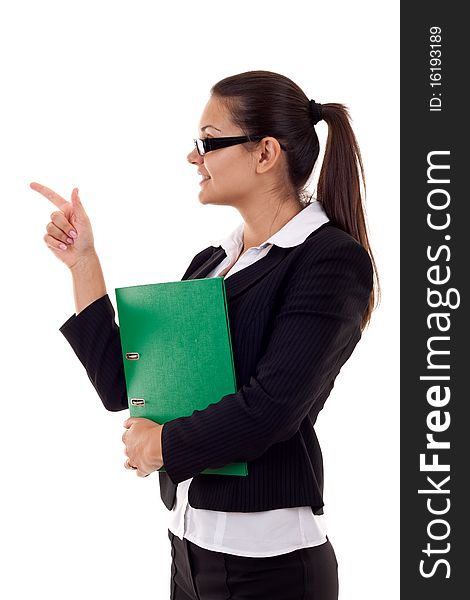 Portrait of business woman holding a folder and pointing to something