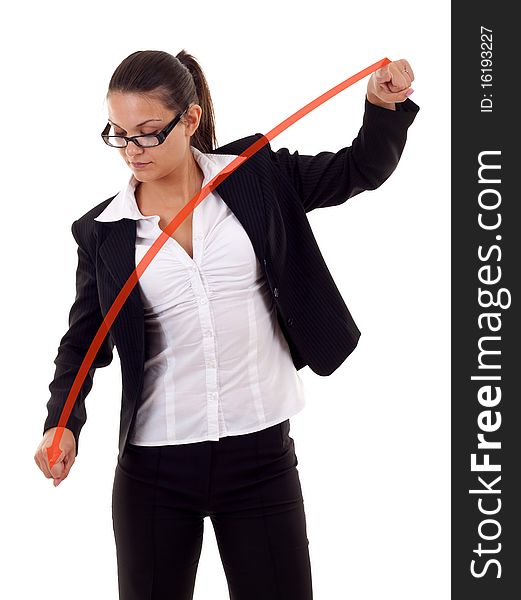 Business woman drawing a graph - crisis , over white