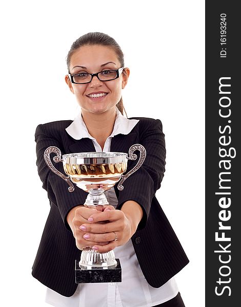 Woman handing out a gold trophy