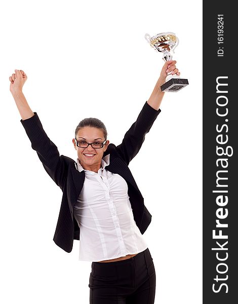 Happy business woman showing her big trophy over white