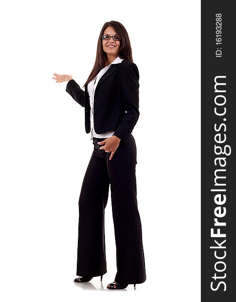 Attractive business woman in suit presenting over white background. Attractive business woman in suit presenting over white background