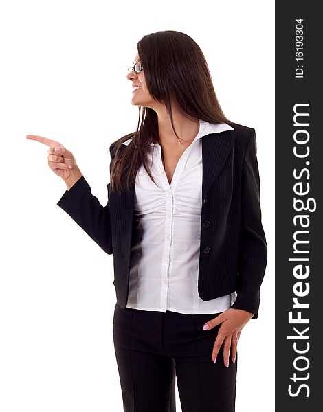 Picture of a business woman pointing to her side over white