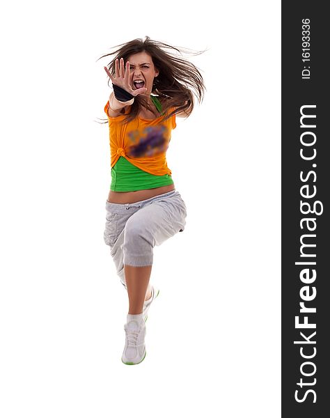Stylish and cool looking woman breakdancer jumping