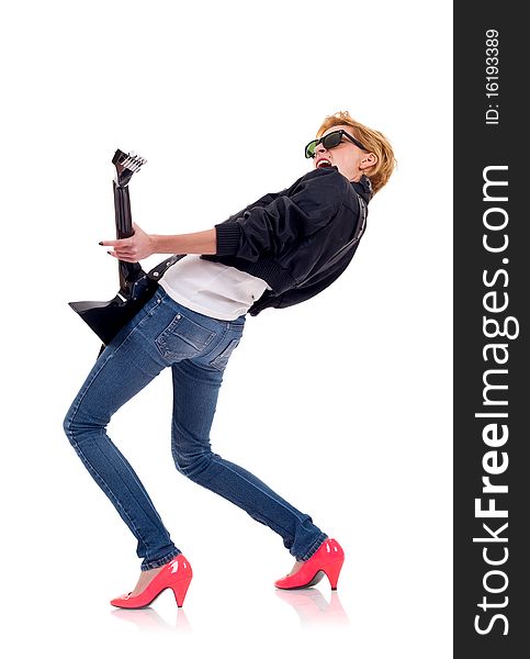 Back picture of a girl with a guitar on a white background. Back picture of a girl with a guitar on a white background