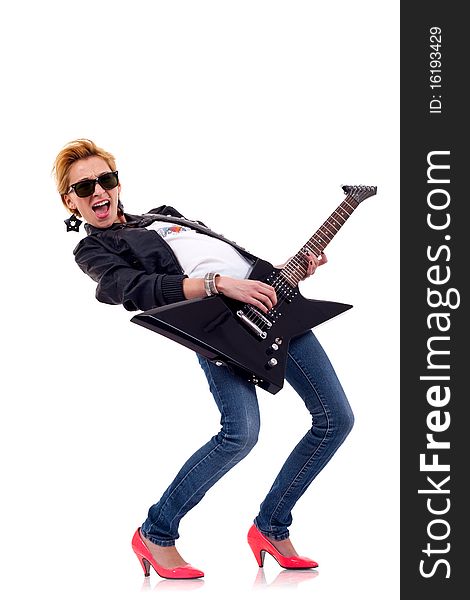 Screaming girl with electric guitar over white