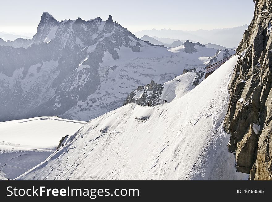 Since l 'Aiguille du Midi, 3842 meters, you can see the climbers down the mountain ridge