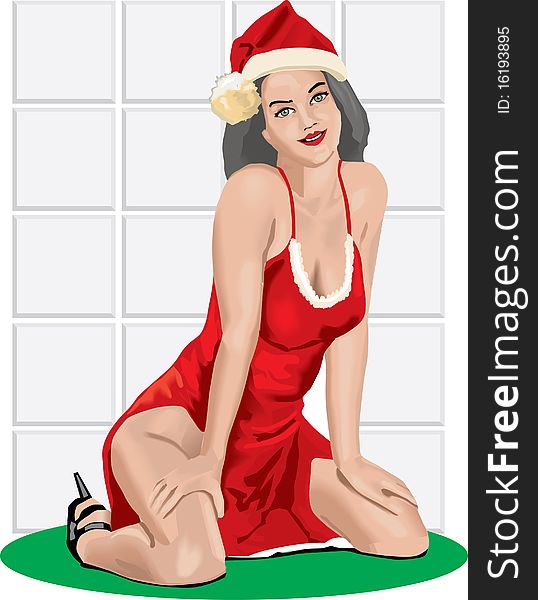 Illustration of a brunnette santa helper with a teasing smile. Illustration of a brunnette santa helper with a teasing smile