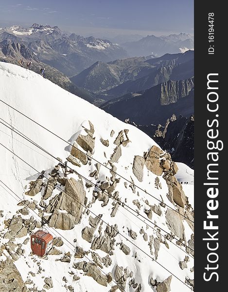 From the summit of l'Aiguille du Midi (3,842 m), the views of the Alps are spectacular. In this picture, you can see the old cable car nowadays is no longer used. From the summit of l'Aiguille du Midi (3,842 m), the views of the Alps are spectacular. In this picture, you can see the old cable car nowadays is no longer used.