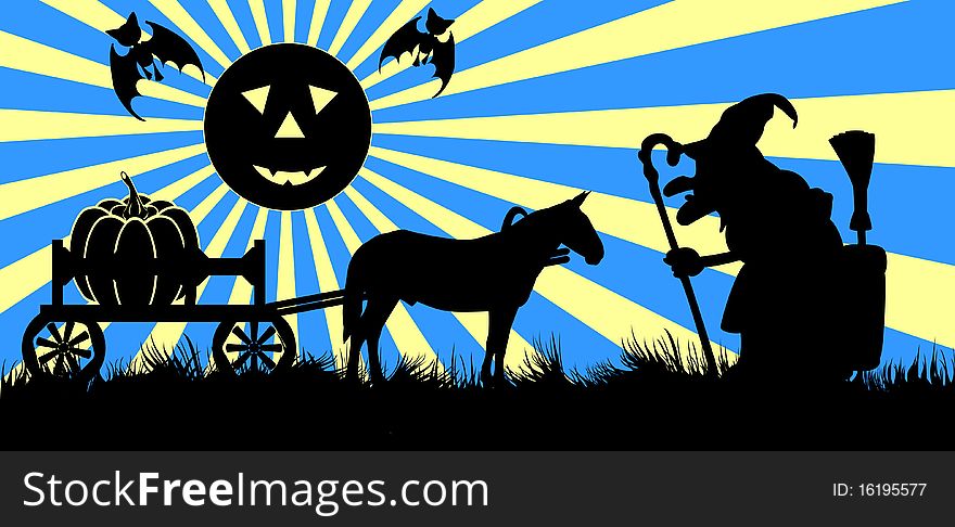 Vector drawing symbolizing Halloween consisting of a horse and wagon, pumpkins, bats and witch. Vector drawing symbolizing Halloween consisting of a horse and wagon, pumpkins, bats and witch