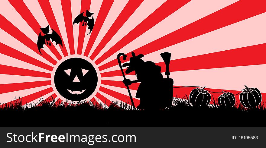 Vector drawing symbolizing Halloween consisting of witch, three pumpkins and bats. Vector drawing symbolizing Halloween consisting of witch, three pumpkins and bats