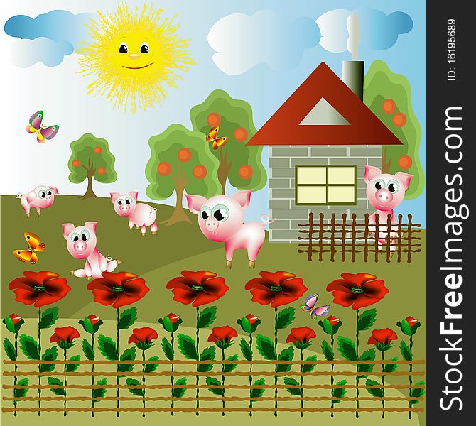 Village with funny pigs and poppies