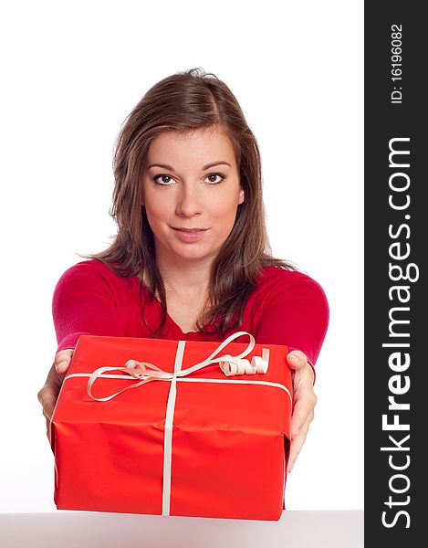 Woman giving gift with white background. Woman giving gift with white background