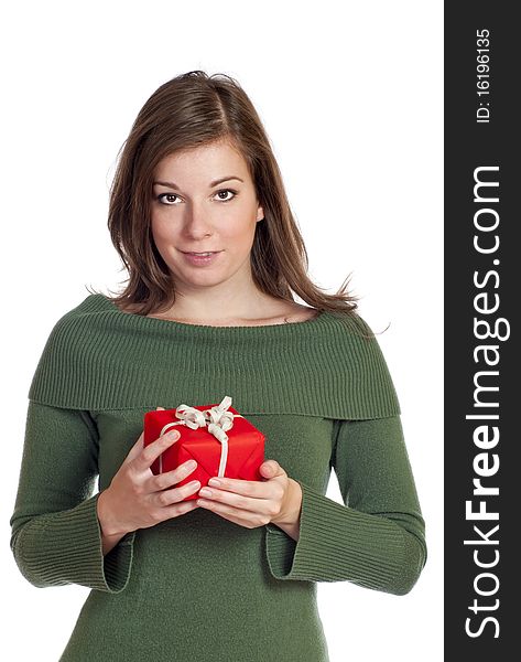 Women holding red gift with white background