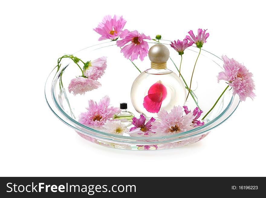 Bottles with aromatic oil between pink flowers in water isolated on white background. Bottles with aromatic oil between pink flowers in water isolated on white background