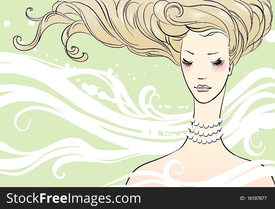 Portrait of a beautiful girl with a necklace, vector illustration