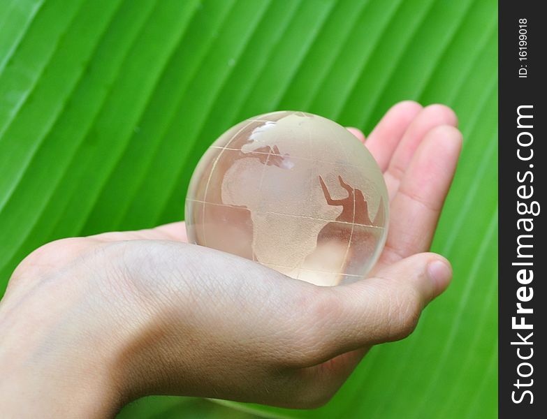 Glass globe in hand, green leaf background