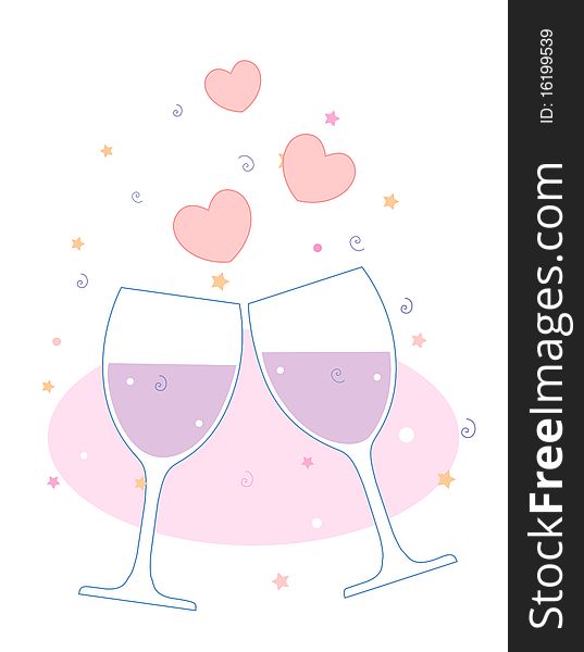 Vector illustration of glasses with champagne on falling confetti background. Vector illustration of glasses with champagne on falling confetti background