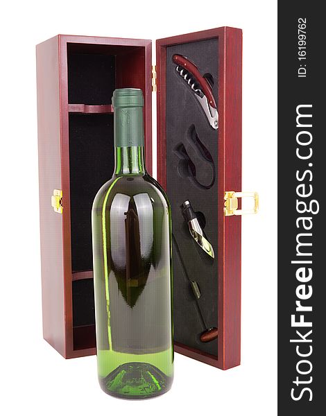 Series. A bottle of white wine and sommelier set