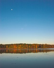 Pond, Blue Sky And Moon Stock Photo Pond, Blue Sky And Moon Stock Photo