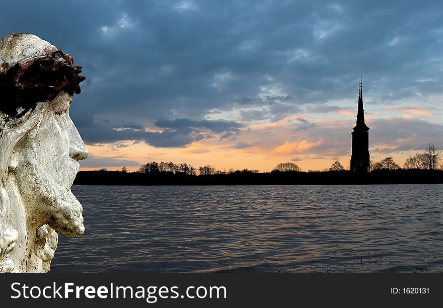 Statue of Jesus against sunset sky. Statue of Jesus against sunset sky