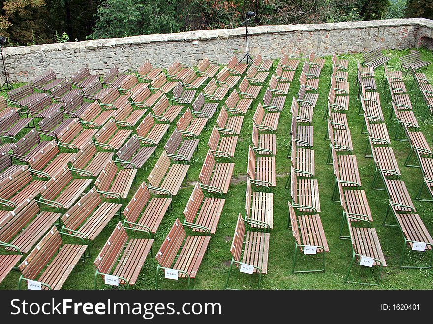 Row of benches in front of open-air theatre